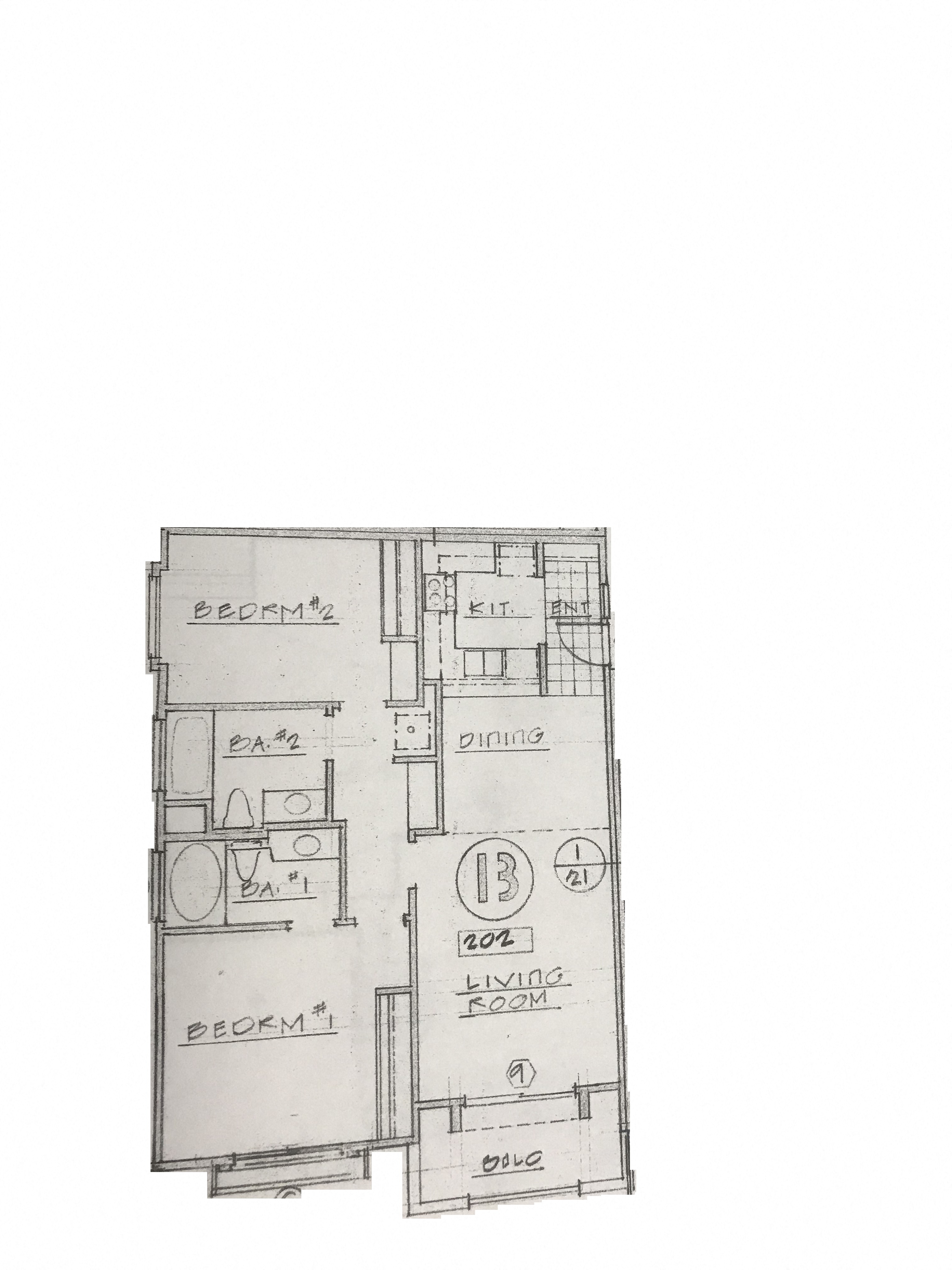 Floor plan for 2 beds, 2 baths, 1029 sqft
